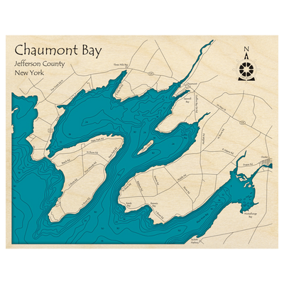 Bathymetric topo map of Chaumont Bay, NY with roads, towns and depths noted in blue water.