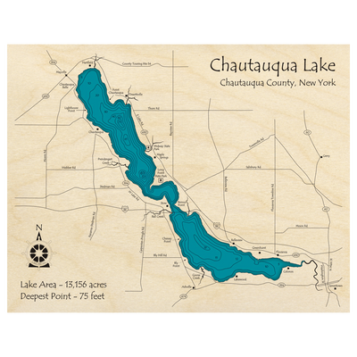 Bathymetric topo map of Chautauqua Lake, NY with roads, towns and depths noted in blue water.