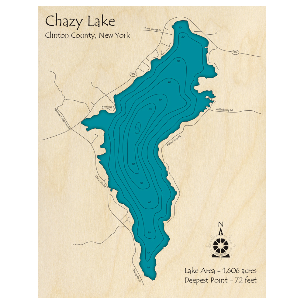 Bathymetric topo map of Chazy Lake, NY with roads, towns and depths noted in blue water.