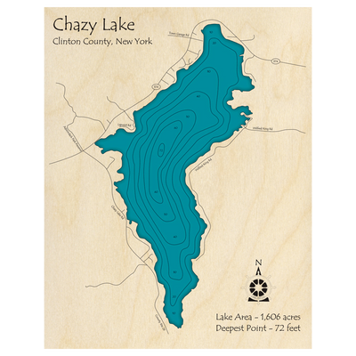Bathymetric topo map of Chazy Lake, NY with roads, towns and depths noted in blue water.