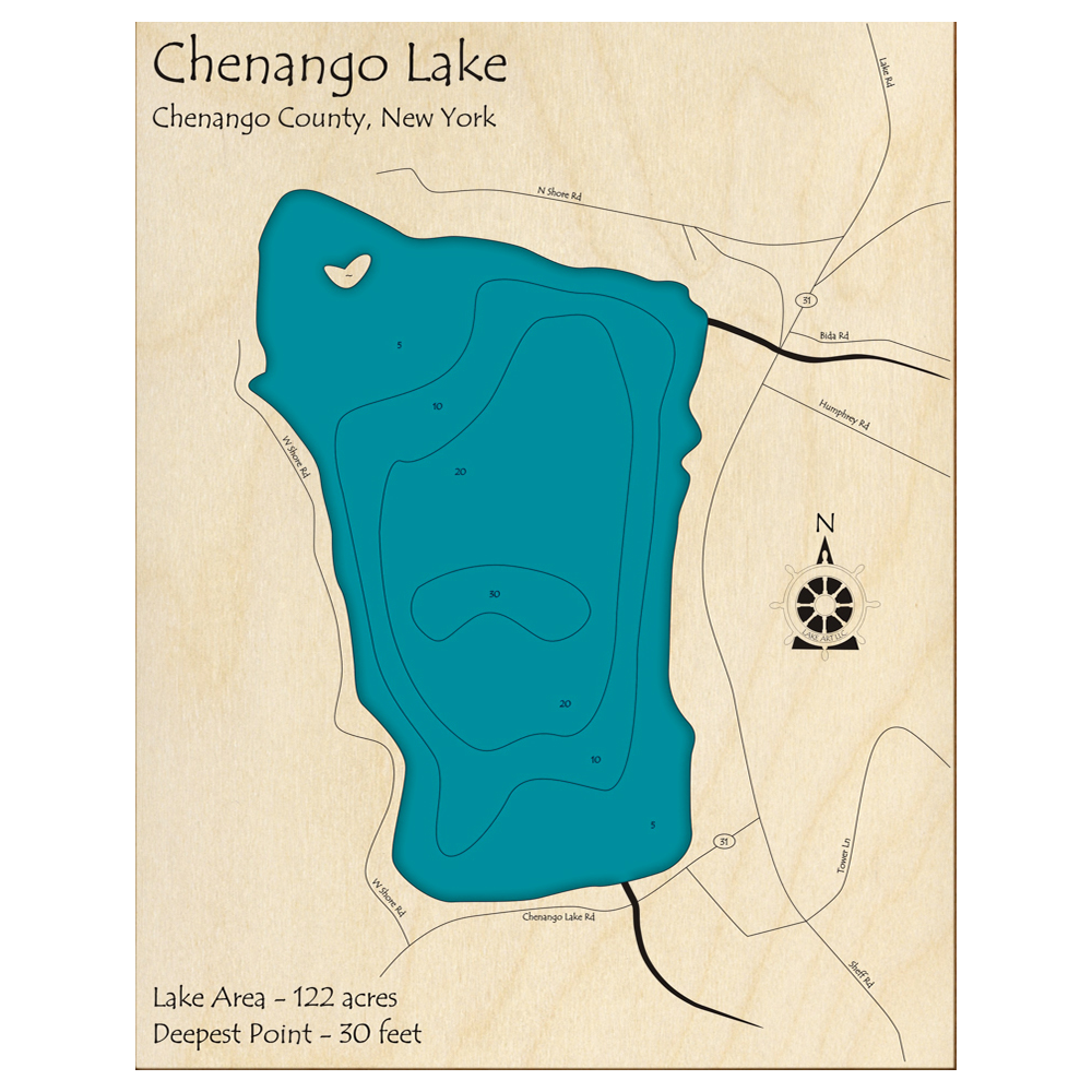 Bathymetric topo map of Chenango Lake, NY with roads, towns and depths noted in blue water.