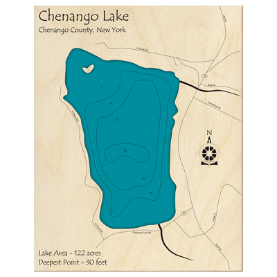Bathymetric topo map of Chenango Lake, NY with roads, towns and depths noted in blue water.