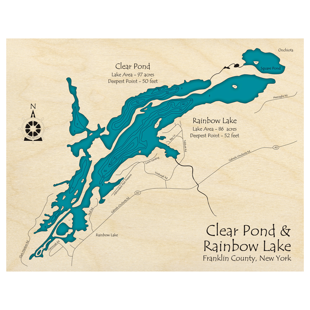 Bathymetric topo map of Clear Pond, NY with roads, towns and depths noted in blue water.