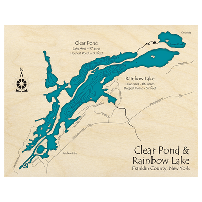 Bathymetric topo map of Clear Pond, NY with roads, towns and depths noted in blue water.