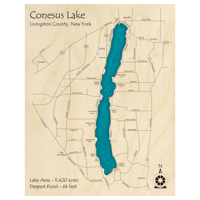 Bathymetric topo map of Conesus Lake, NY with roads, towns and depths noted in blue water.