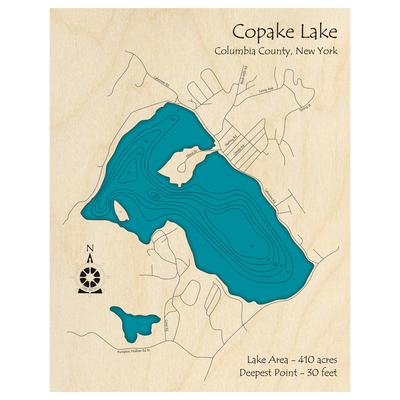 Bathymetric topo map of Copake Lake, NY with roads, towns and depths noted in blue water.