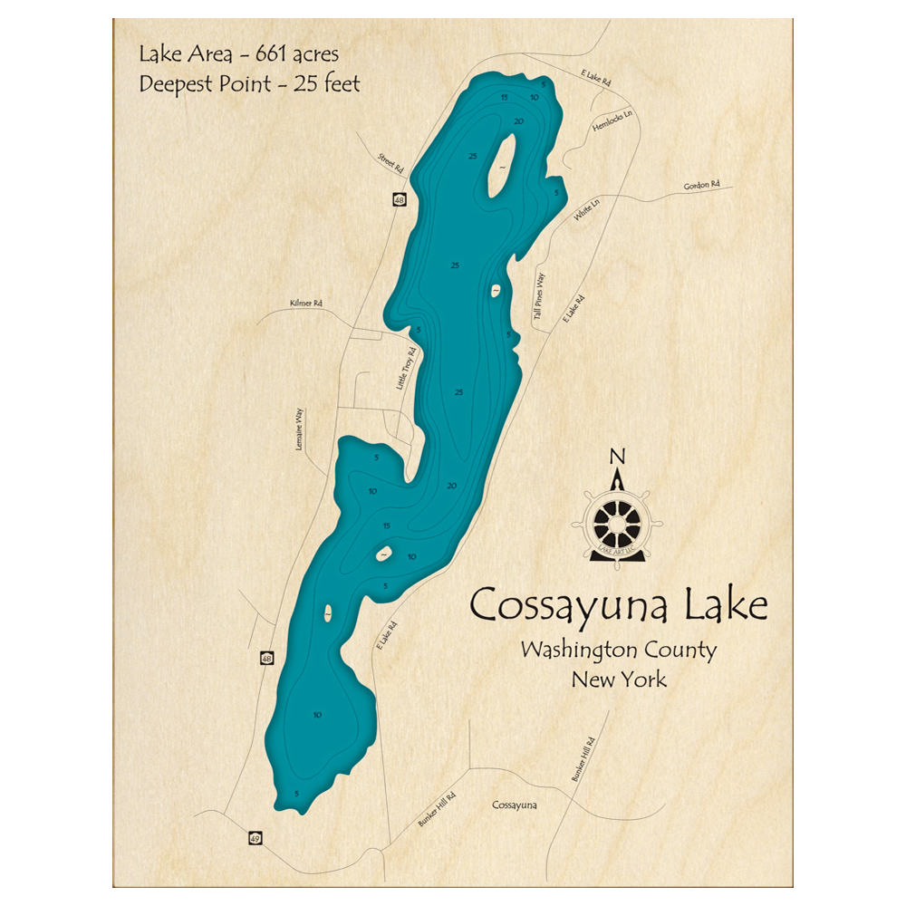 Bathymetric topo map of Cossayuna Lake, NY with roads, towns and depths noted in blue water.