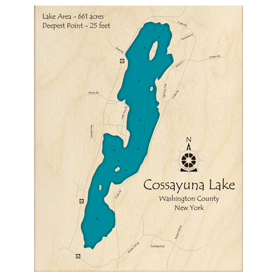 Bathymetric topo map of Cossayuna Lake, NY with roads, towns and depths noted in blue water.