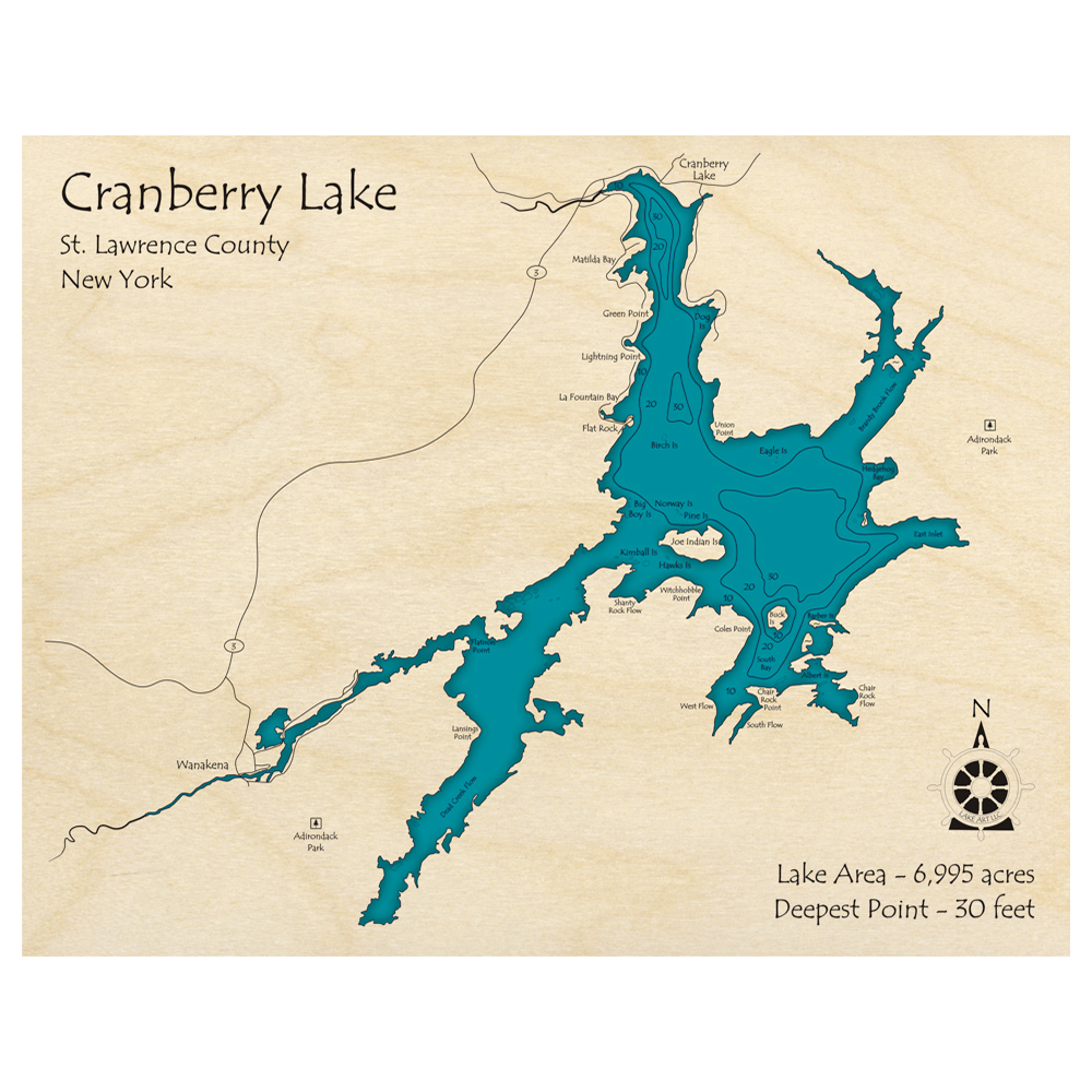Bathymetric topo map of Cranberry Lake, NY with roads, towns and depths noted in blue water.