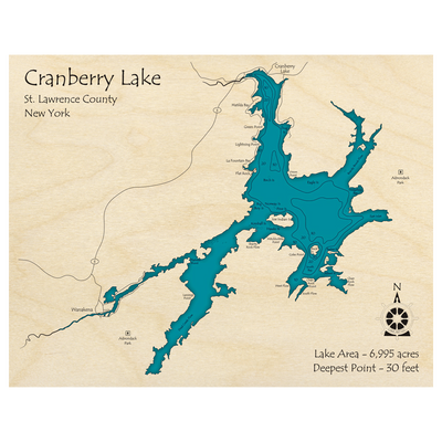 Bathymetric topo map of Cranberry Lake, NY with roads, towns and depths noted in blue water.