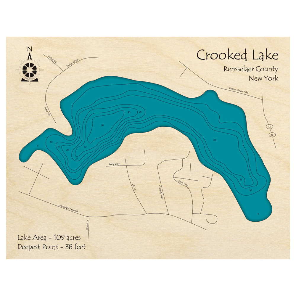 Bathymetric topo map of Crooked Lake, NY with roads, towns and depths noted in blue water.