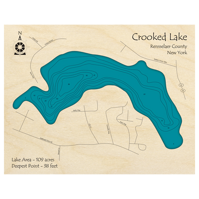 Bathymetric topo map of Crooked Lake, NY with roads, towns and depths noted in blue water.