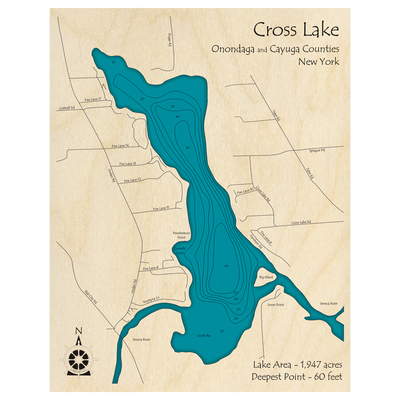 Bathymetric topo map of Cross Lake, NY with roads, towns and depths noted in blue water.