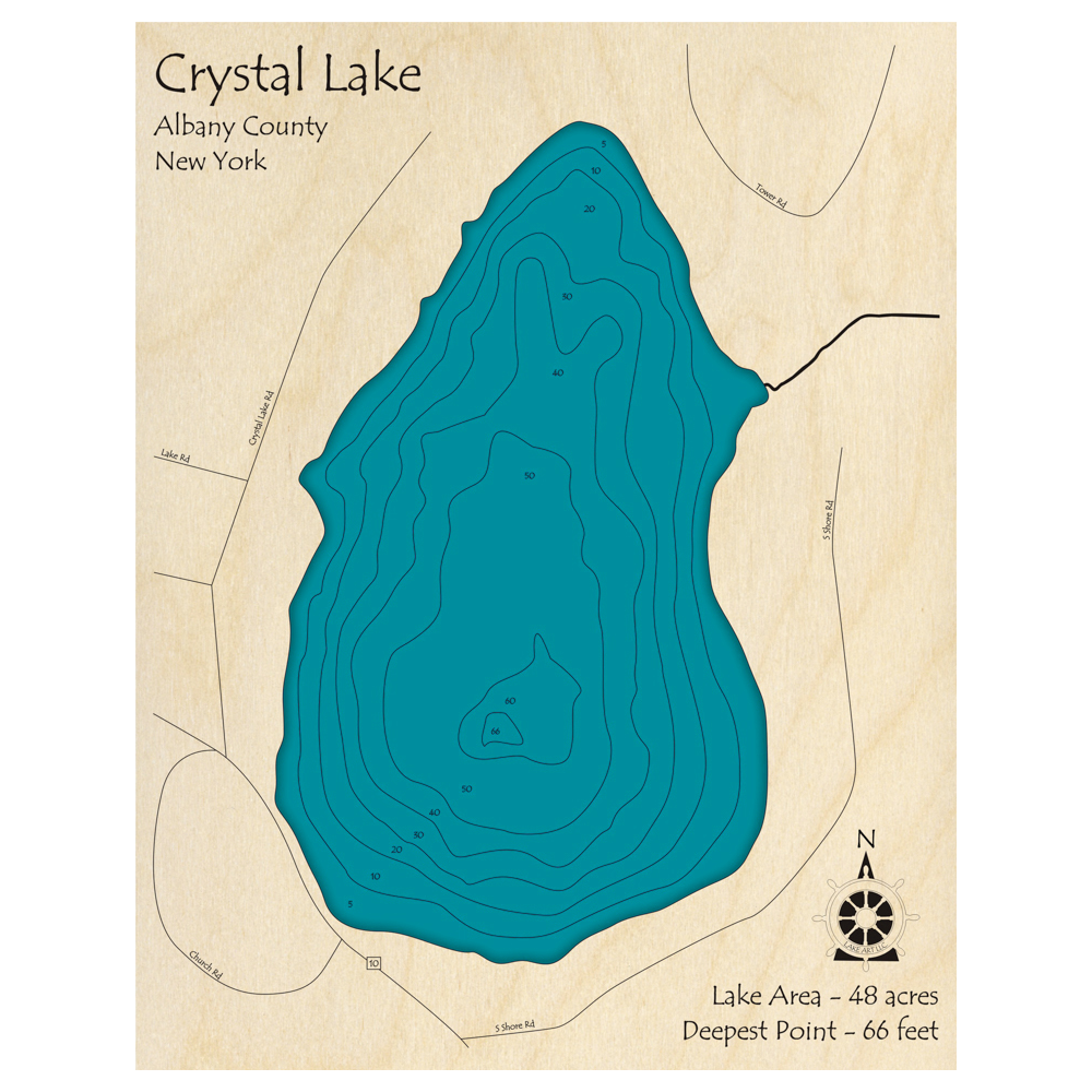 Bathymetric topo map of Crystal Lake, NY with roads, towns and depths noted in blue water.