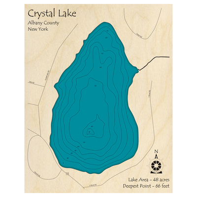 Bathymetric topo map of Crystal Lake, NY with roads, towns and depths noted in blue water.