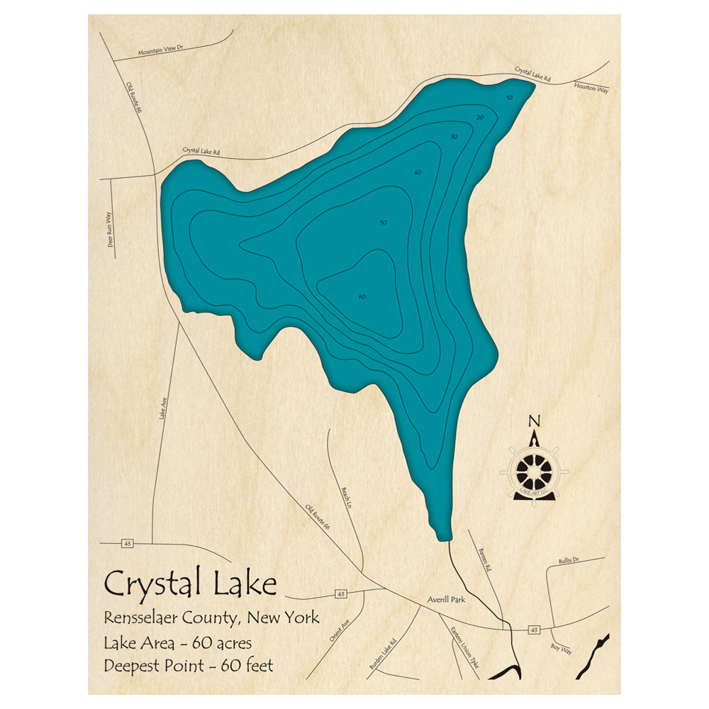 Bathymetric topo map of Crystal Lake, NY with roads, towns and depths noted in blue water.