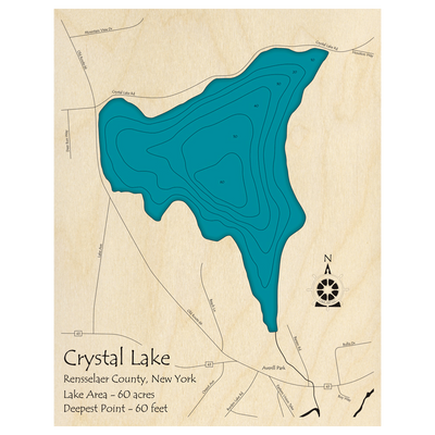 Bathymetric topo map of Crystal Lake, NY with roads, towns and depths noted in blue water.