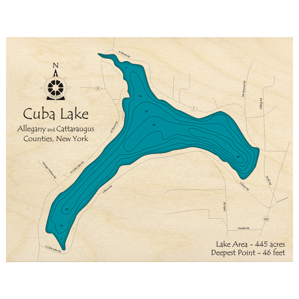 Bathymetric topo map of Cuba Lake, NY with roads, towns and depths noted in blue water.