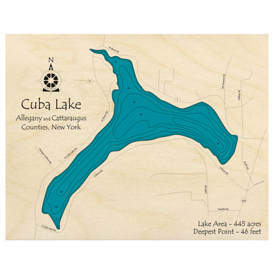 Bathymetric topo map of Cuba Lake, NY with roads, towns and depths noted in blue water.