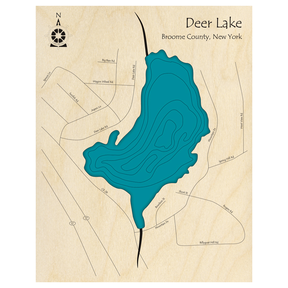 Bathymetric topo map of Deer Lake, NY with roads, towns and depths noted in blue water.