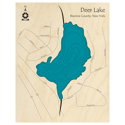 Bathymetric topo map of Deer Lake, NY with roads, towns and depths noted in blue water.