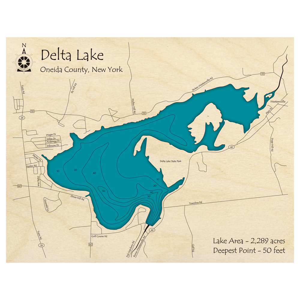 Bathymetric topo map of Delta Lake, NY with roads, towns and depths noted in blue water.