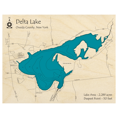 Bathymetric topo map of Delta Lake, NY with roads, towns and depths noted in blue water.