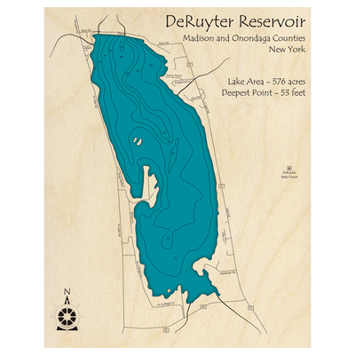 Bathymetric topo map of DeRuyter Reservoir, NY with roads, towns and depths noted in blue water.