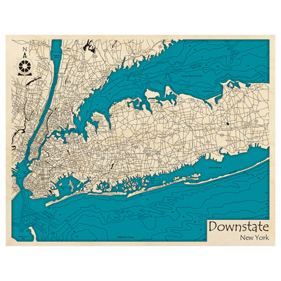 Bathymetric topo map of Downstate NY, NY with roads, towns and depths noted in blue water.