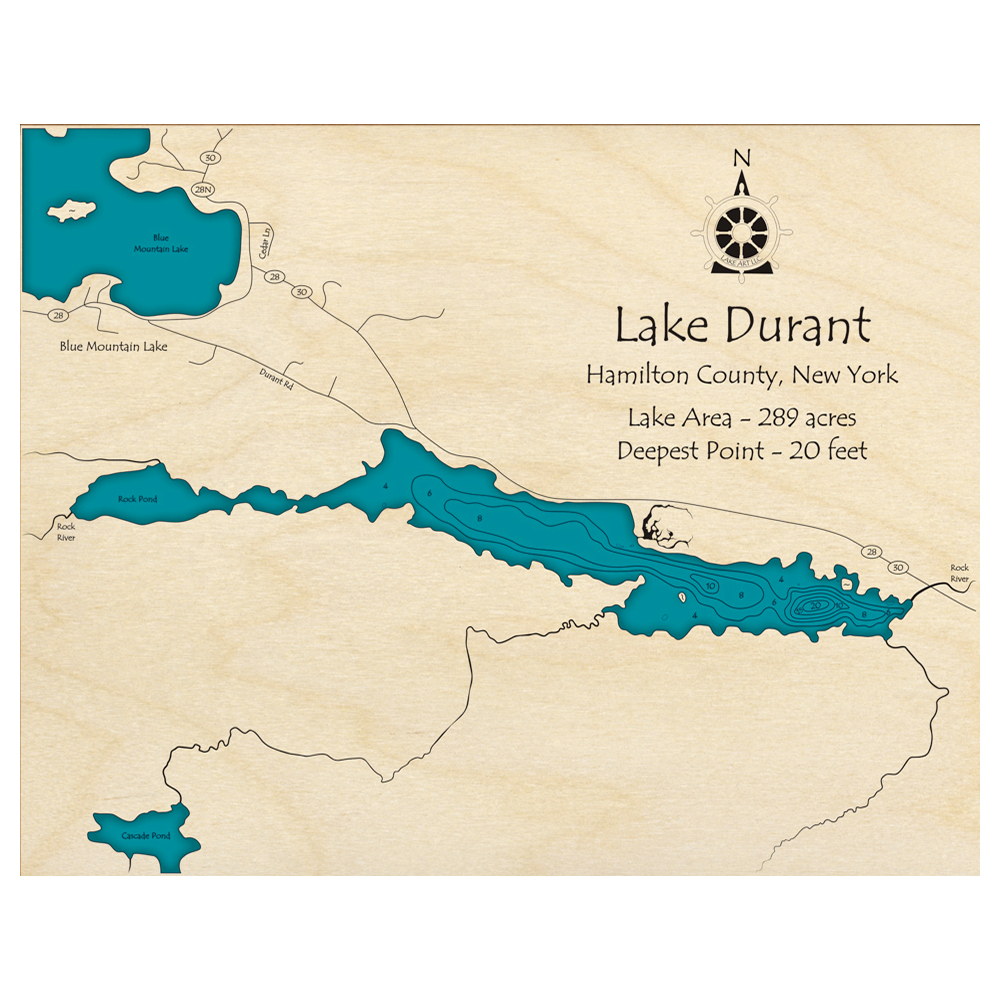 Bathymetric topo map of Lake Durant, NY with roads, towns and depths noted in blue water.