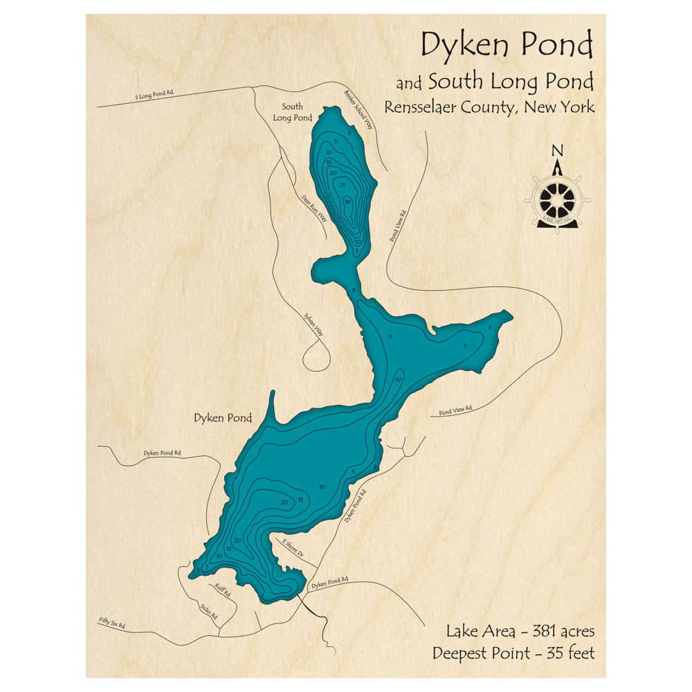 Bathymetric topo map of Dyken Pond, NY with roads, towns and depths noted in blue water.