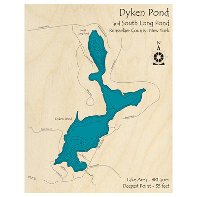 Bathymetric topo map of Dyken Pond, NY with roads, towns and depths noted in blue water.