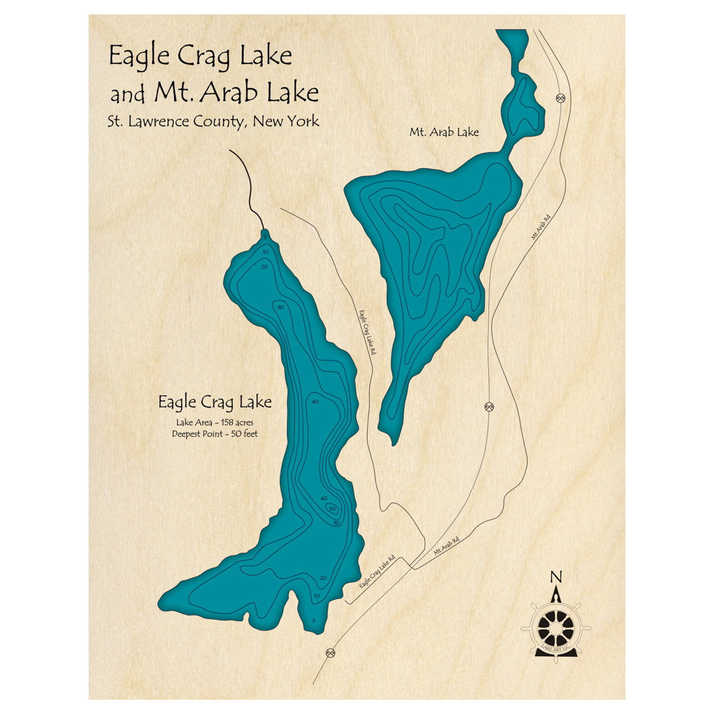 Bathymetric topo map of Eagle Crag Lake, NY with roads, towns and depths noted in blue water.