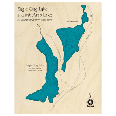 Bathymetric topo map of Eagle Crag Lake, NY with roads, towns and depths noted in blue water.