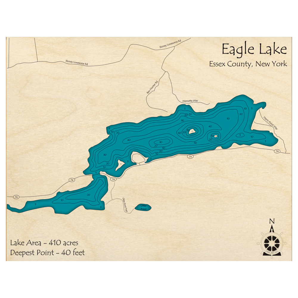 Bathymetric topo map of Eagle Lake, NY with roads, towns and depths noted in blue water.