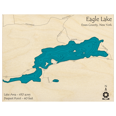 Bathymetric topo map of Eagle Lake, NY with roads, towns and depths noted in blue water.