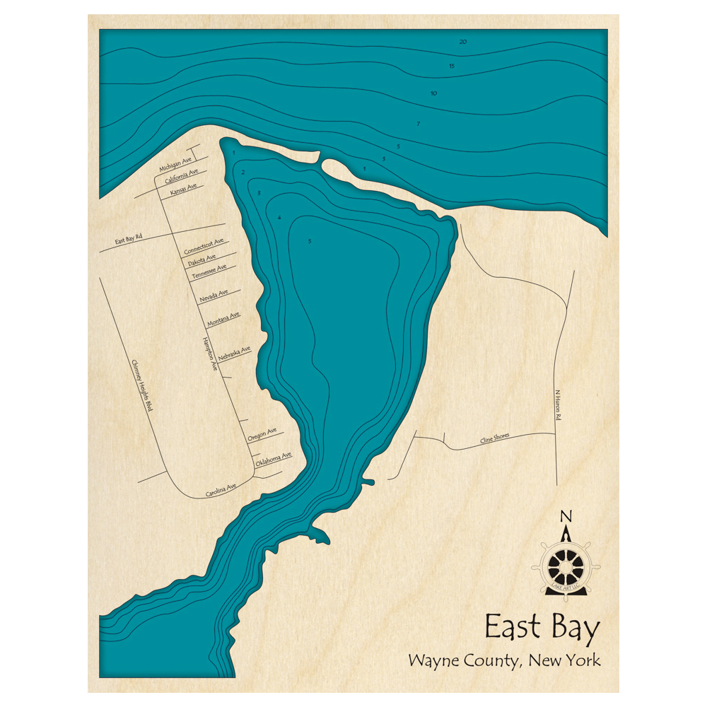 Bathymetric topo map of East Bay, NY with roads, towns and depths noted in blue water.