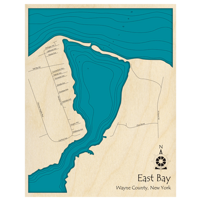 Bathymetric topo map of East Bay, NY with roads, towns and depths noted in blue water.