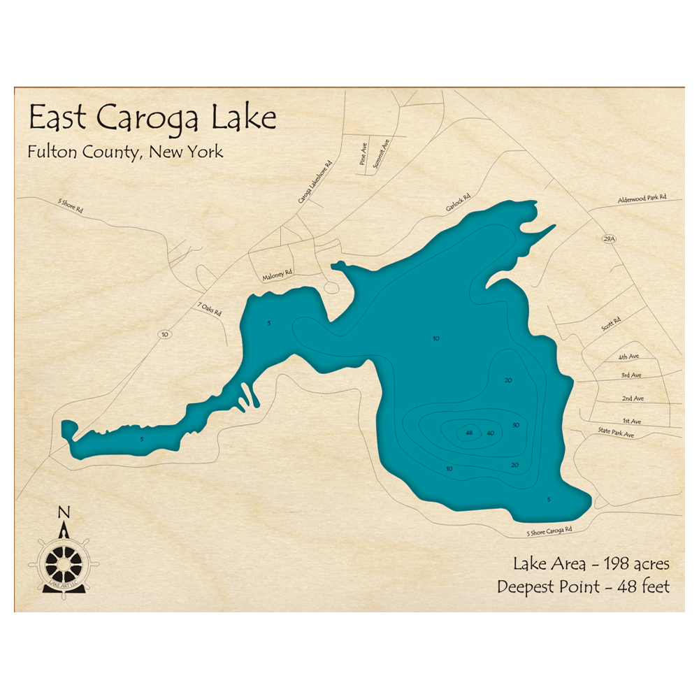 Bathymetric topo map of Caroga Lake, NY with roads, towns and depths noted in blue water.
