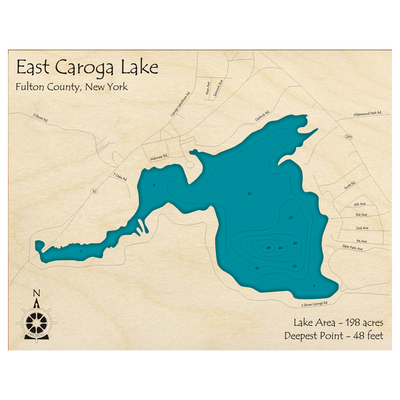 Bathymetric topo map of Caroga Lake, NY with roads, towns and depths noted in blue water.