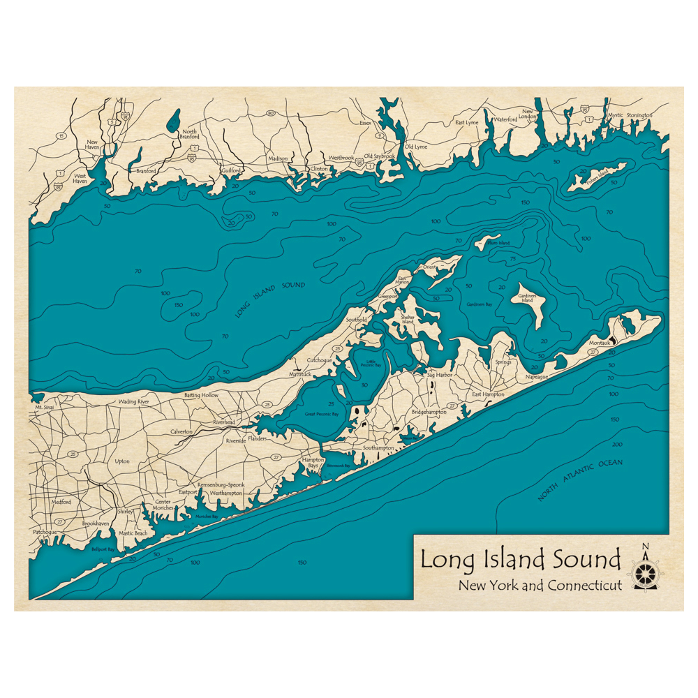 Bathymetric topo map of Eastern Half of Long Island, NY with roads, towns and depths noted in blue water.