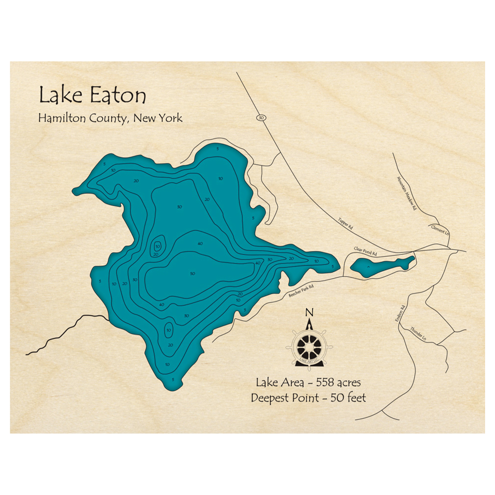 Bathymetric topo map of Lake Eaton, NY with roads, towns and depths noted in blue water.