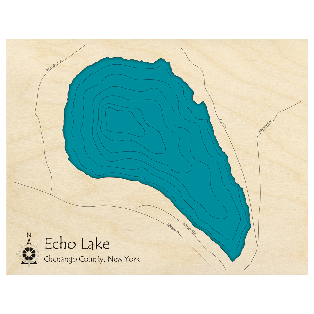 Bathymetric topo map of Echo Lake, NY with roads, towns and depths noted in blue water.