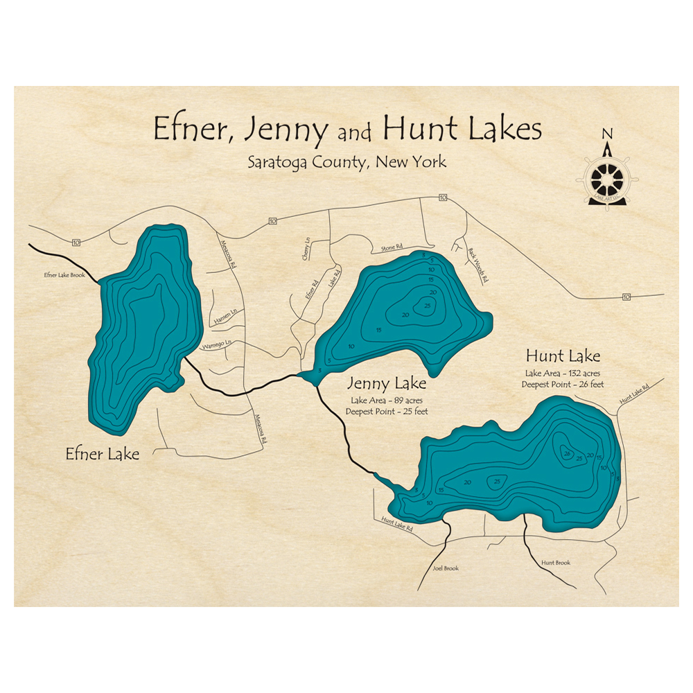 Bathymetric topo map of Efner Jenny and Hunt Lakes, NY with roads, towns and depths noted in blue water.