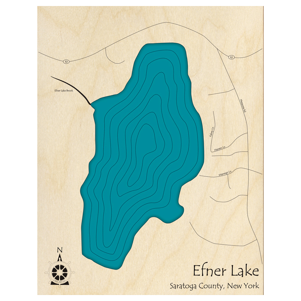 Bathymetric topo map of Efner Lake, NY with roads, towns and depths noted in blue water.