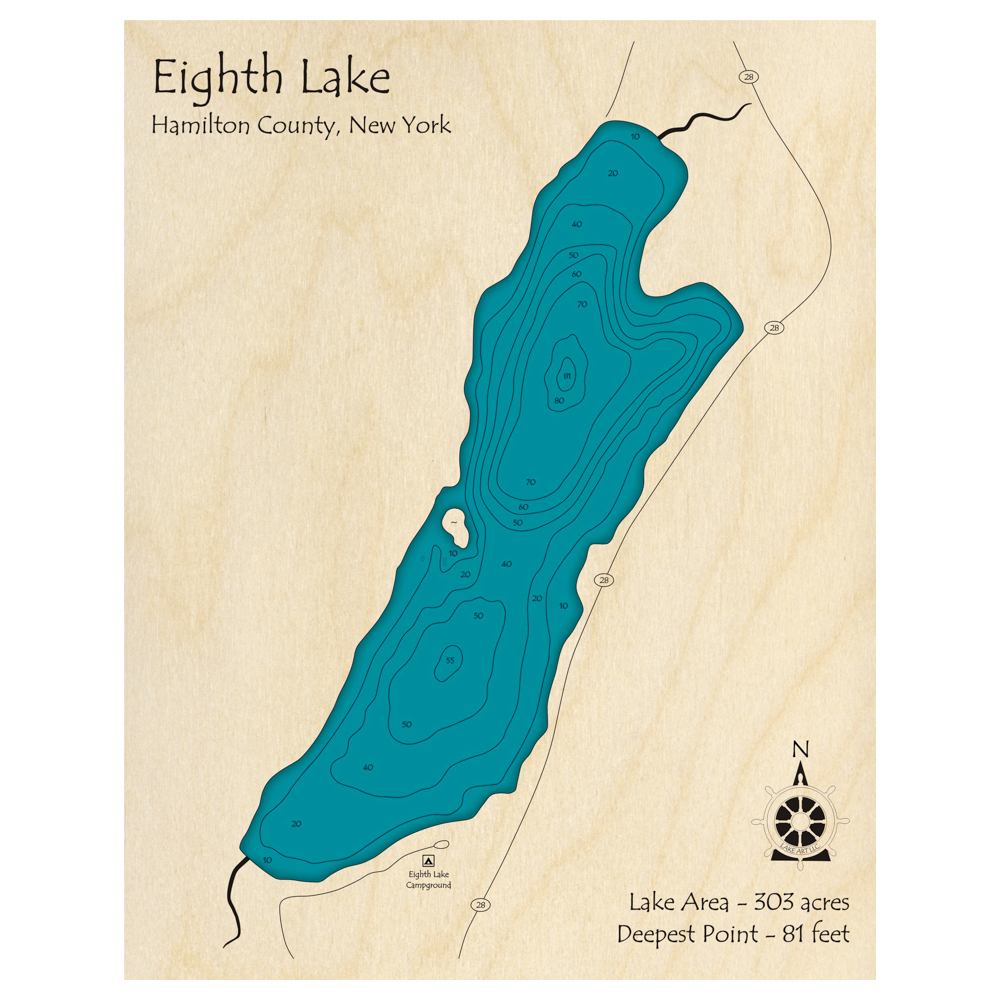 Bathymetric topo map of Eighth Lake, NY with roads, towns and depths noted in blue water.