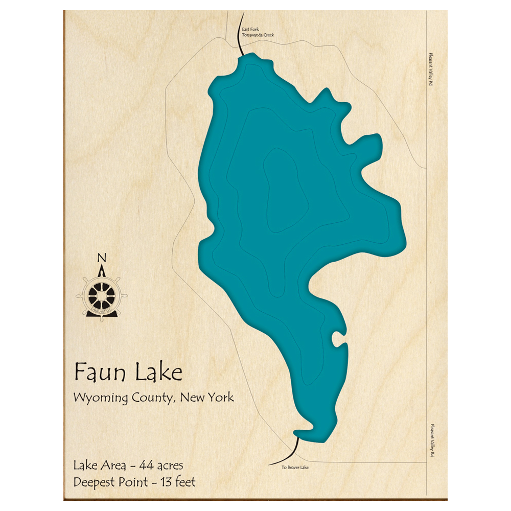 Bathymetric topo map of Faun Lake, NY with roads, towns and depths noted in blue water.