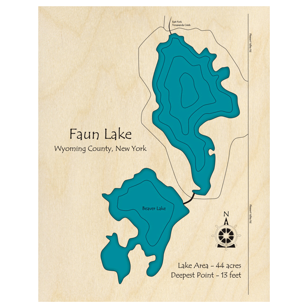 Bathymetric topo map of Faun Lake, NY with roads, towns and depths noted in blue water.