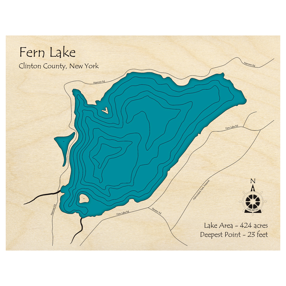Bathymetric topo map of Fern Lake, NY with roads, towns and depths noted in blue water.
