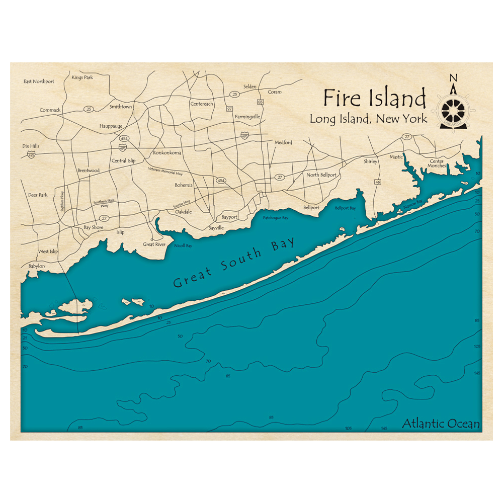 Bathymetric topo map of Fire Island - Long Island Sound, NY with roads, towns and depths noted in blue water.